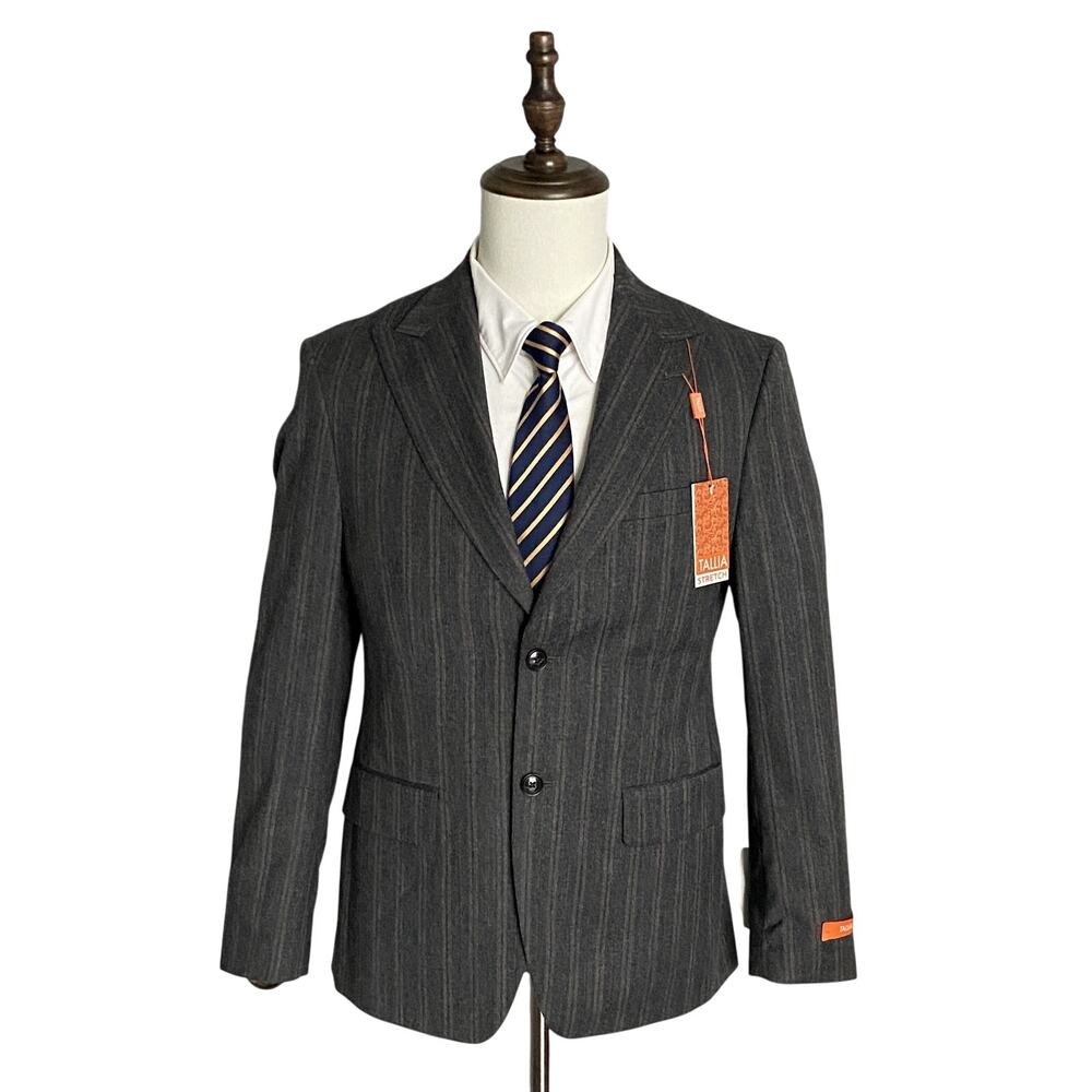Tallia Men's Suit Jacket 36 Short Wool Blend Stretch Charcoal Brown Stripe NEW
